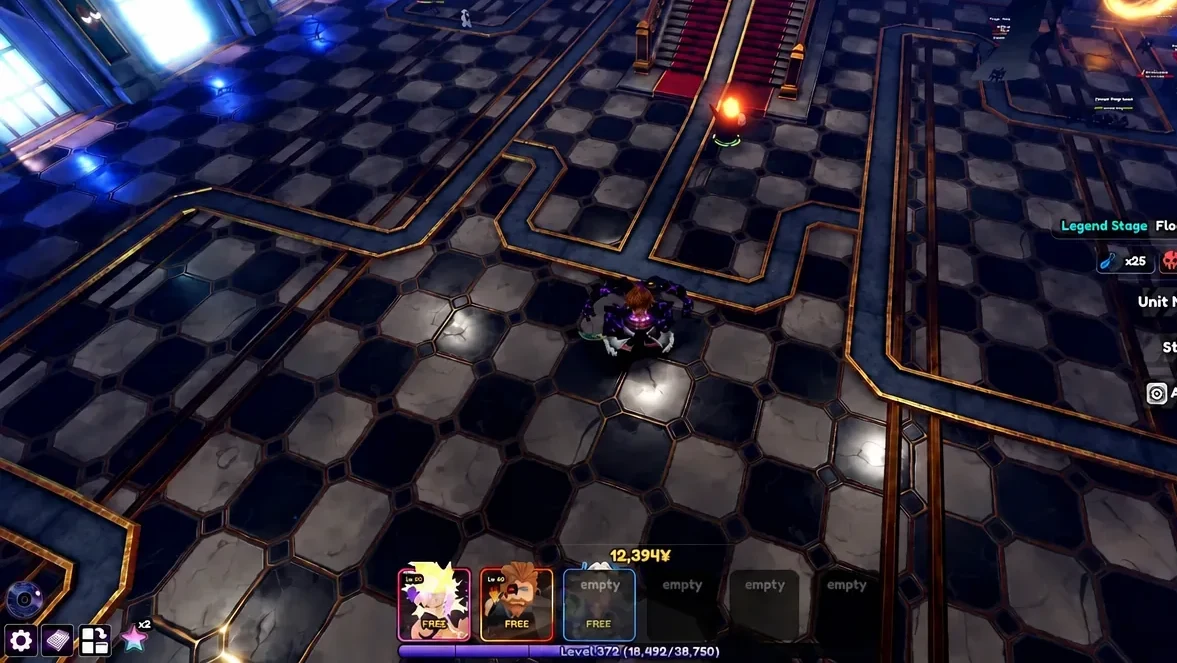 Legend Stage arena with the unit bar at the bottom showing a highlighted FREE deployment card