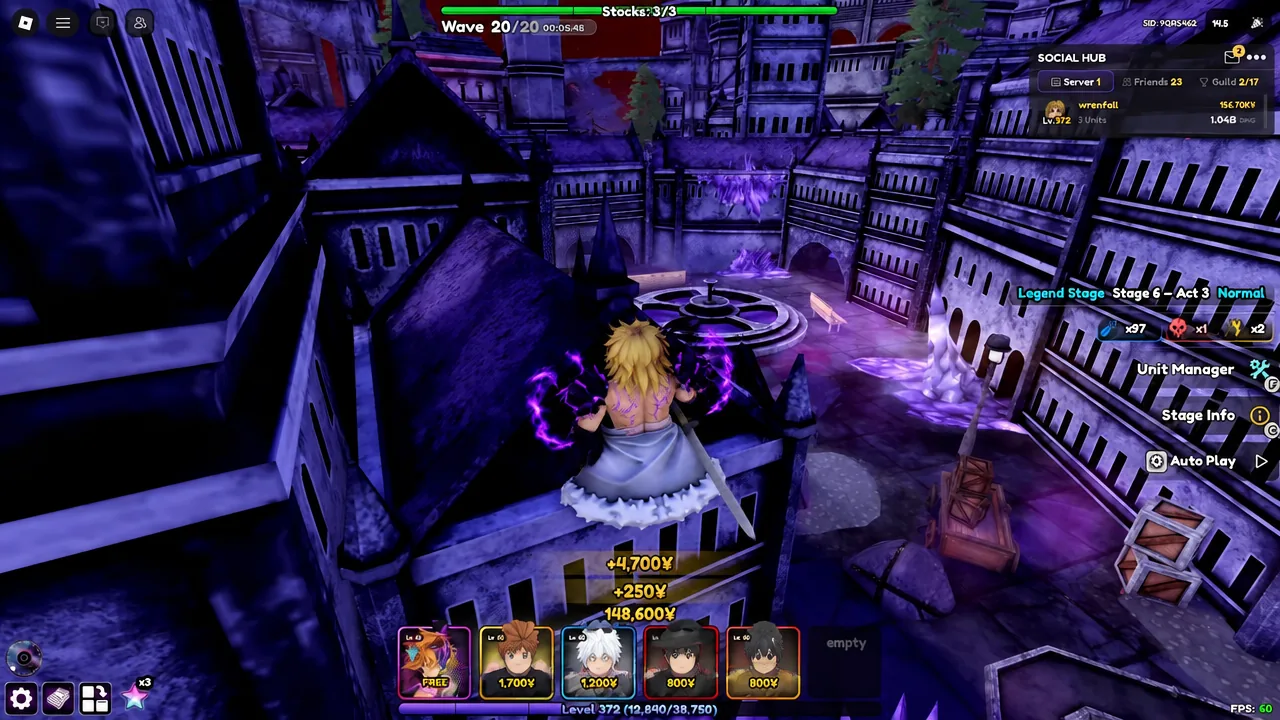Legend Stage 6 Act 3 running Wave 20 with the Auto Play toggle on the right side of the screen