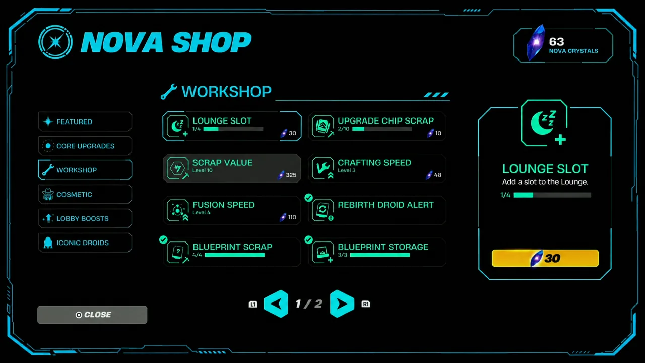 Nova Shop Workshop tab with Lounge Slot selected, showing a 30 Nova Crystal price
