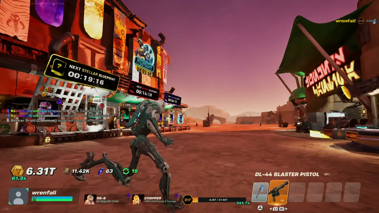 Player crossing the hub with the DL-44 Blaster Pistol equipped in the hotbar