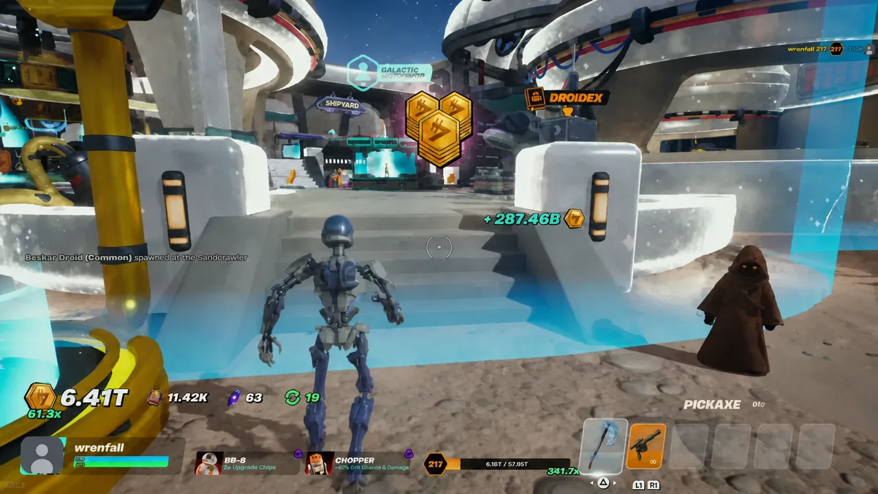 Player runs toward the Shipyard as a large credit payout notification pops up on screen