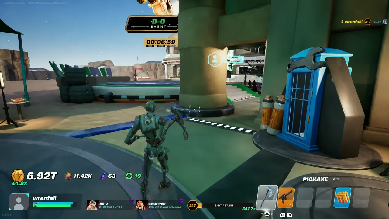 Player moving through the arena with the pickaxe equipped in the hotbar slot