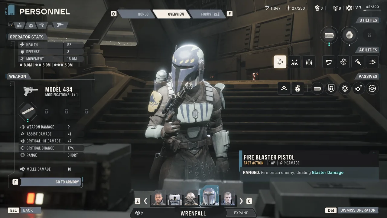 Personnel Overview screen with the Fire Blaster Pistol ability selected and its attack details shown
