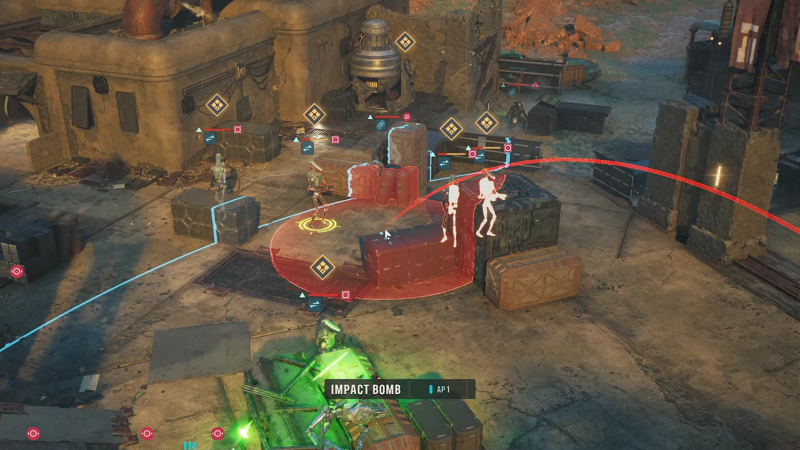 Impact Bomb ability selected in combat with a red arc targeting enemies behind cover