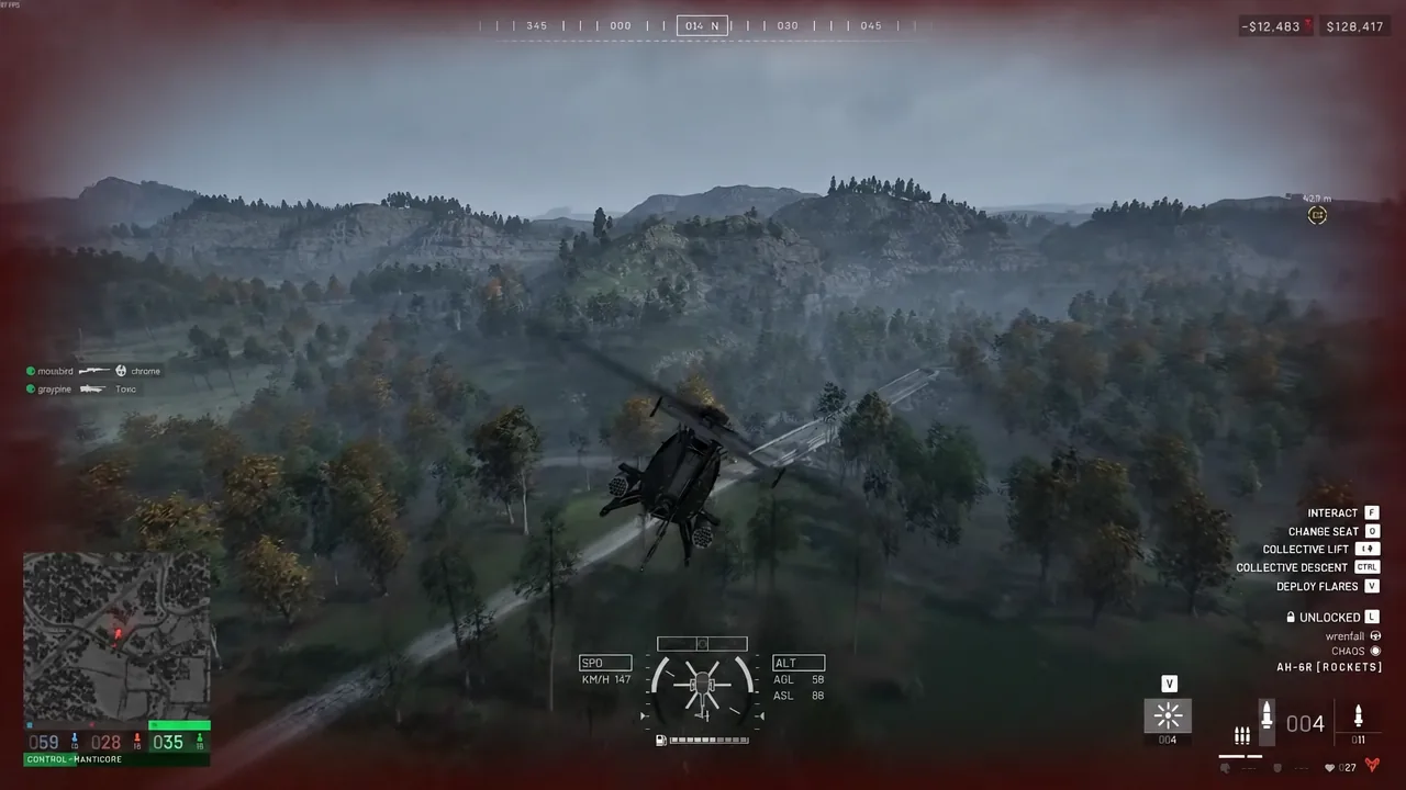 AH-6R flying low over open terrain while hunting an enemy artillery position