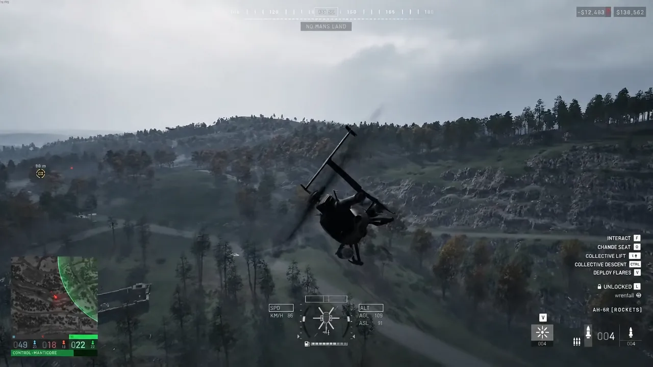 AH-6R in flight over the No Man's Land area with seat, collective, flare and rocket prompts visible