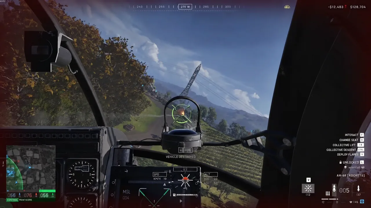 VEHICLE DESTROYED confirmation on the AH-6R targeting reticle mid-flight
