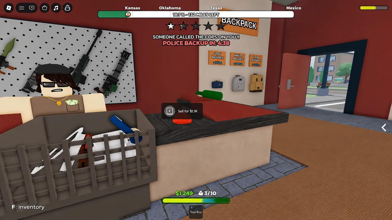 Pawn shop counter with a Sell for $1.1K prompt highlighted over the held item