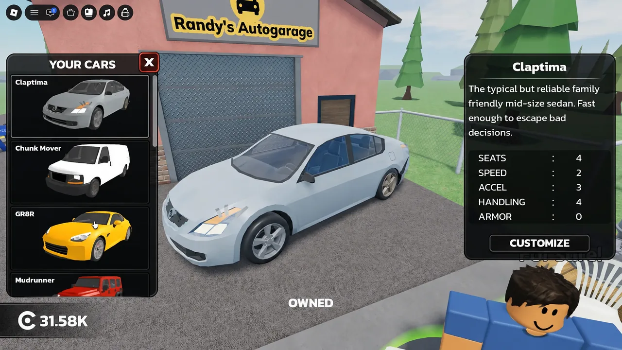 Your Cars menu with the Claptima selected and its stats shown beside a Customize button