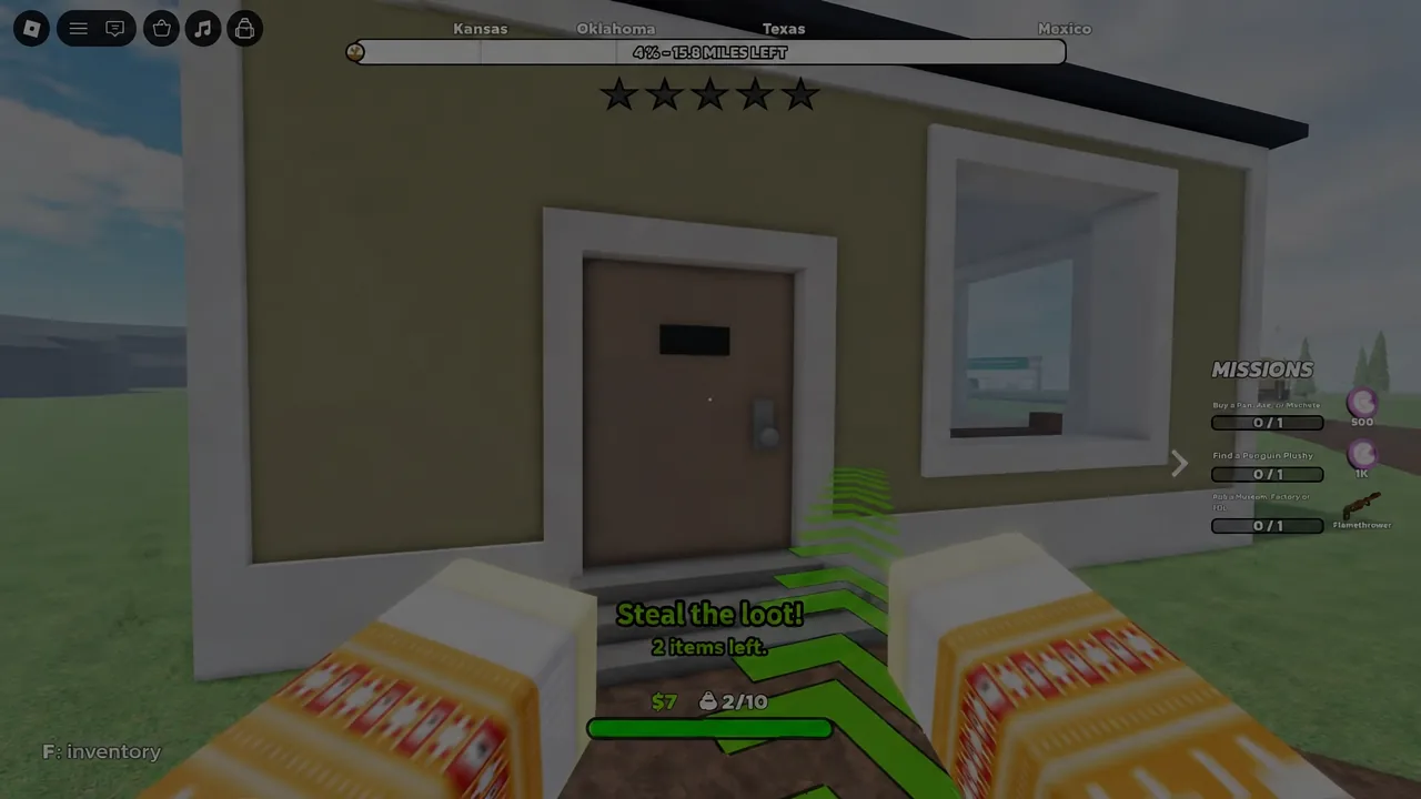 Mission panel reading Steal the loot with a green path leading to the first house door
