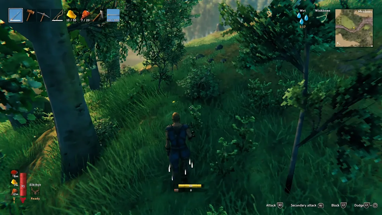 Viking character walking through Meadows woodland while gathering plants