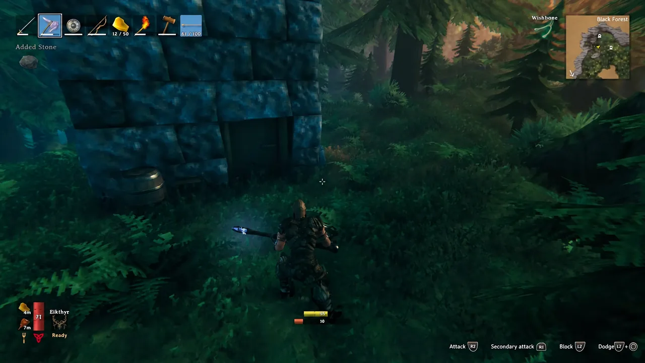 Stone pickup notification appearing as the player approaches an abandoned stone structure