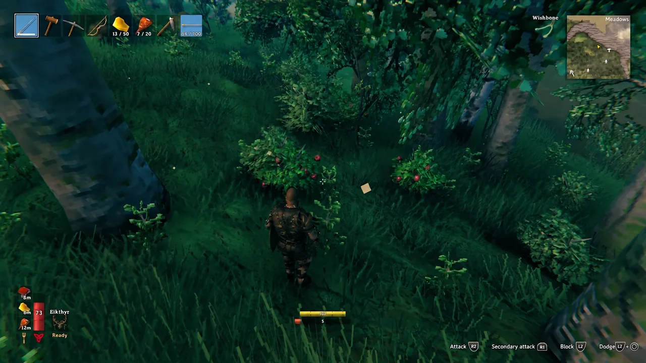 Player walking up to a raspberry bush in the Meadows with a sword equipped in the hotbar