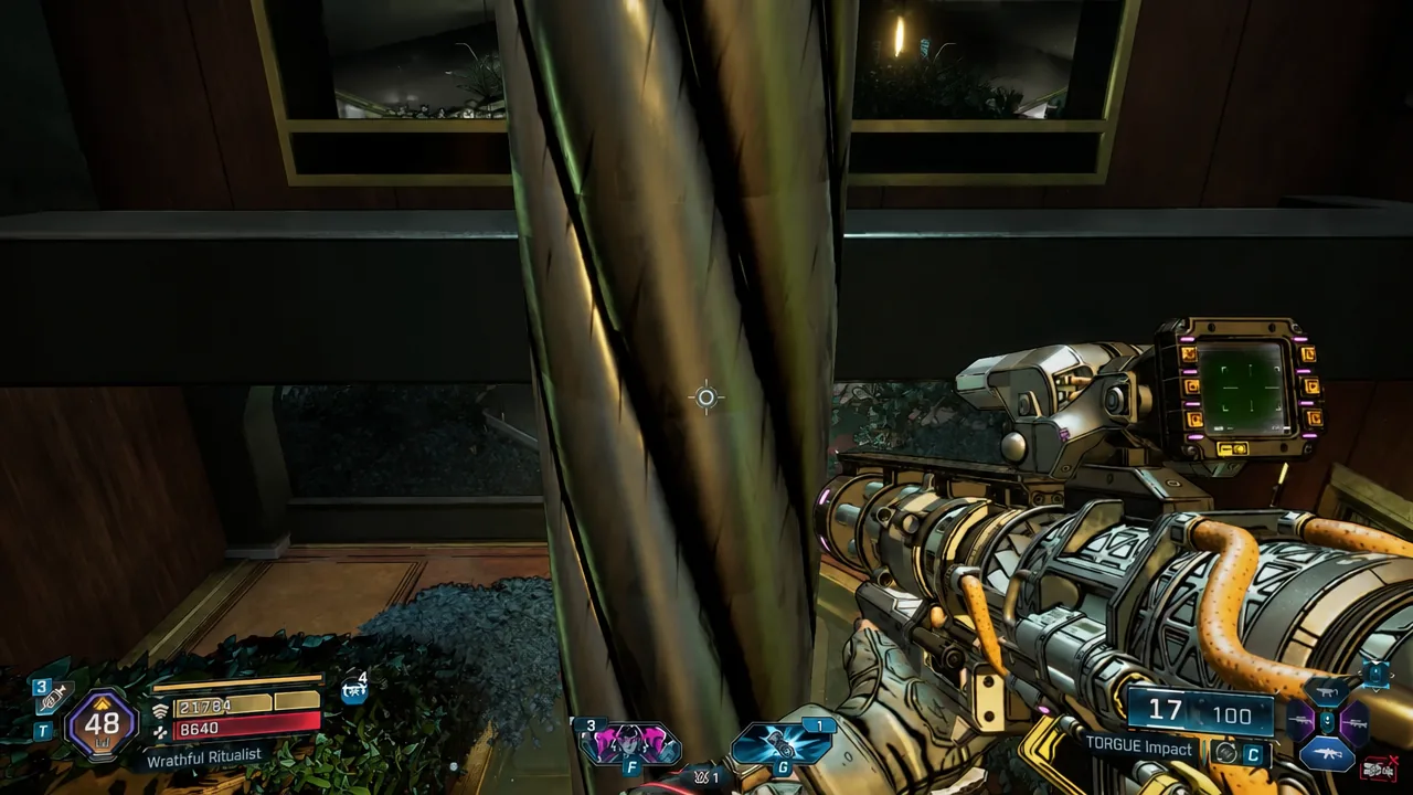 Player aiming a Torgue Impact weapon at a large central pipe in The Upper Crust