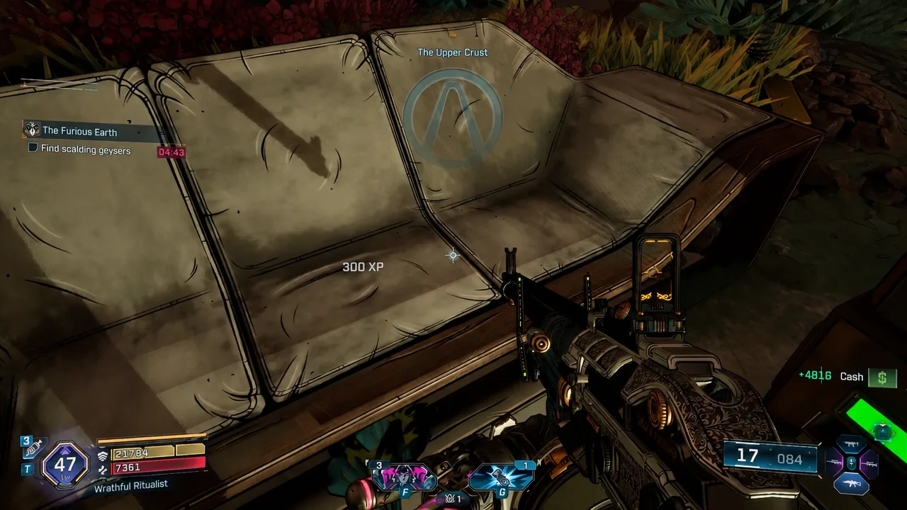 Player searching The Upper Crust with the quest tracker highlighting Find scalding geysers