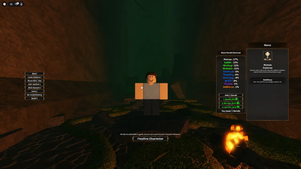 Character creation race panel in The Veil showing Human selected before rerolling