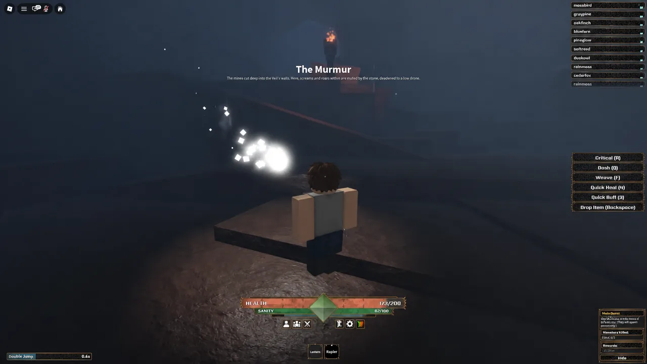 Fighting a glowing enemy inside The Murmur with health and sanity meters on screen