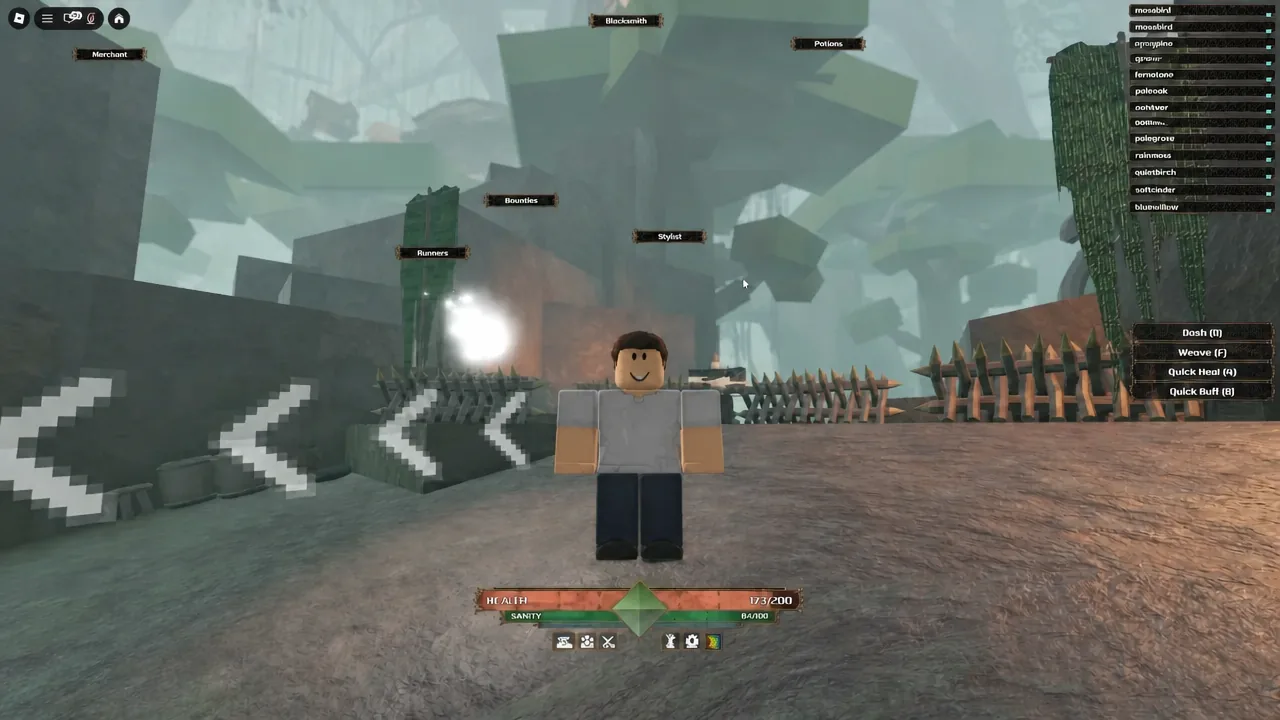 Hub area in The Veil with labelled Merchant, Blacksmith, Potions, Bounties, Runners and Stylist stations