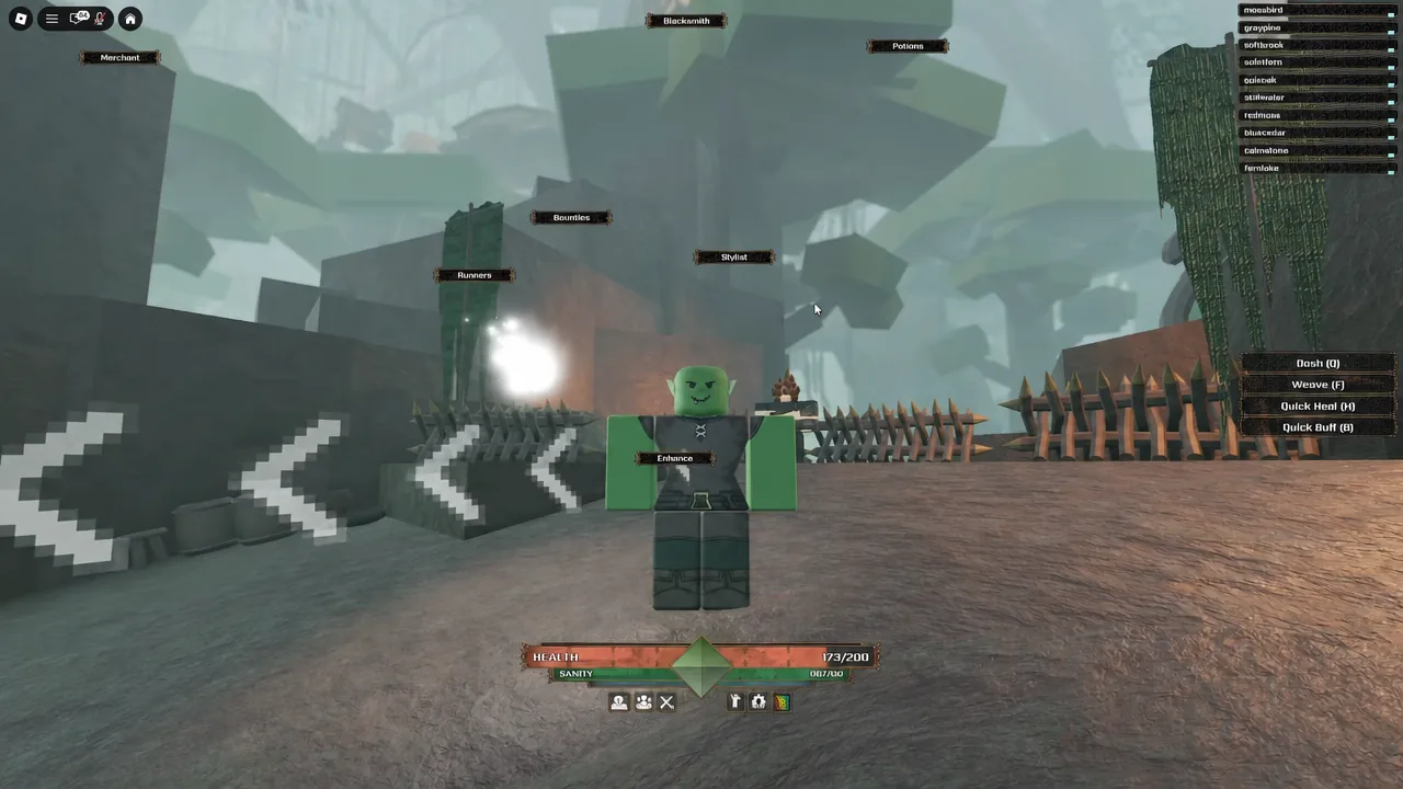 The hub, with movement arrows pointing toward the Merchant, Blacksmith, Potions, Bounties, Runners and Stylist.