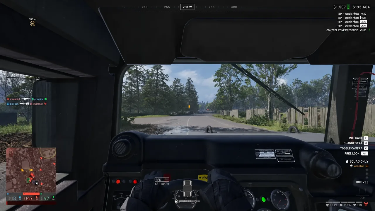 Humvee in motion in WARDOGS with the INTERACT [F] prompt on screen before dismounting