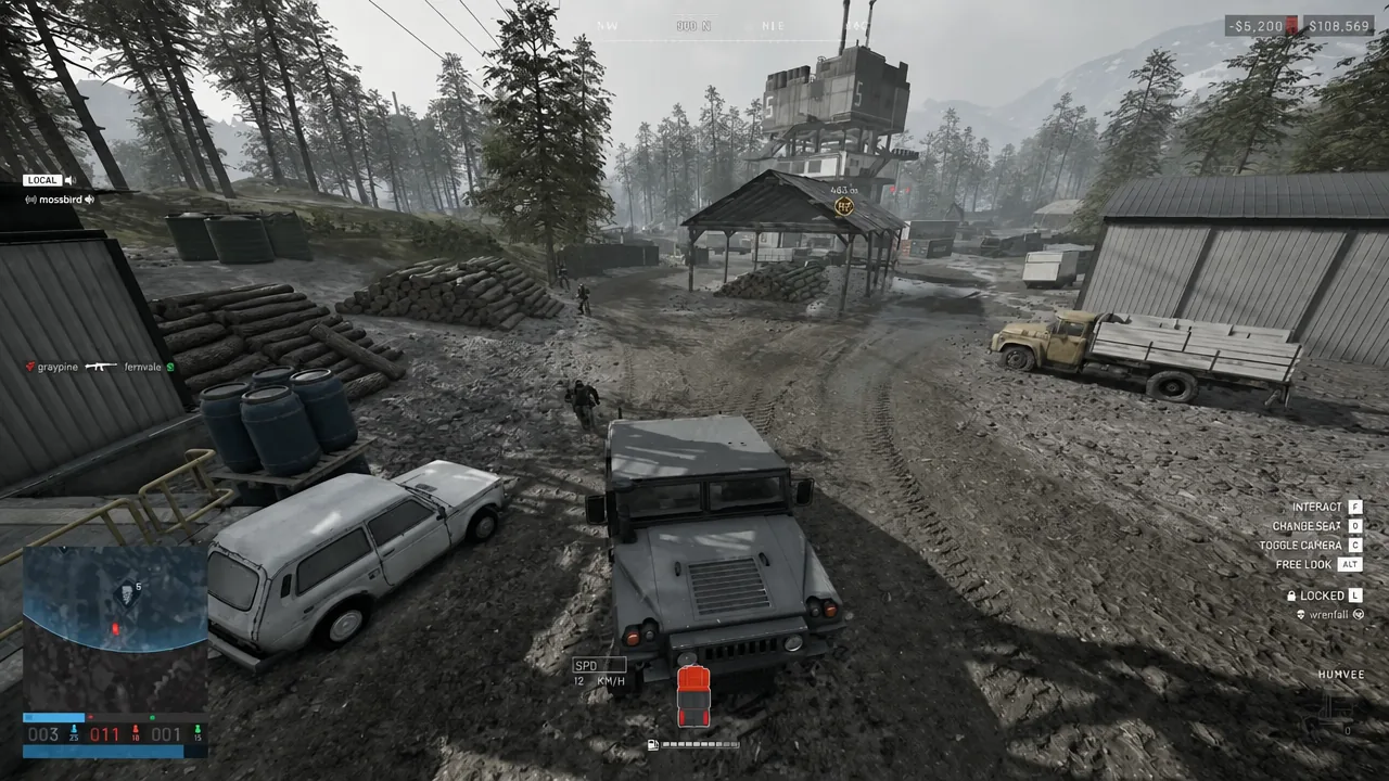 WARDOGS Humvee taking fire while driving, control prompts listed along the right edge