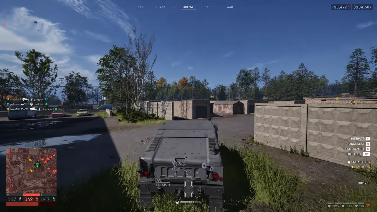 Humvee HUD in WARDOGS showing Interact, Change Seat, Toggle Camera and Free Look prompts