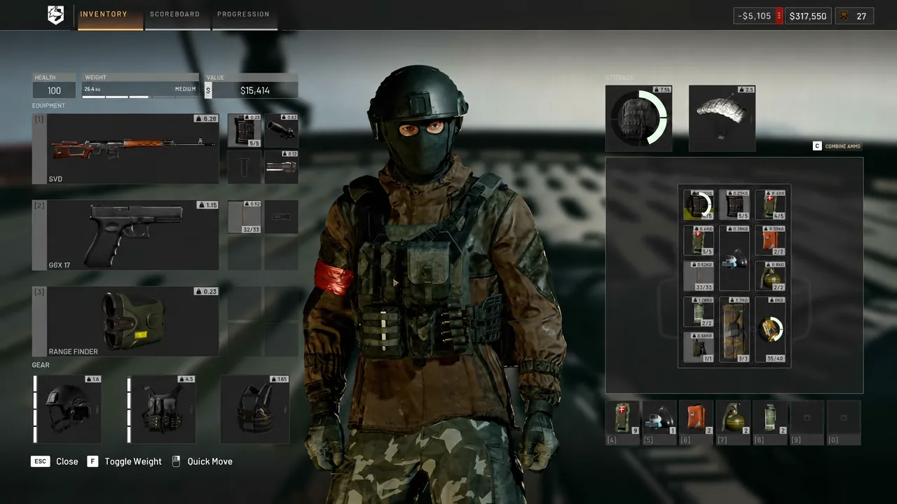 Inventory tab showing the equipped rifle, sidearm and tactical gear laid out