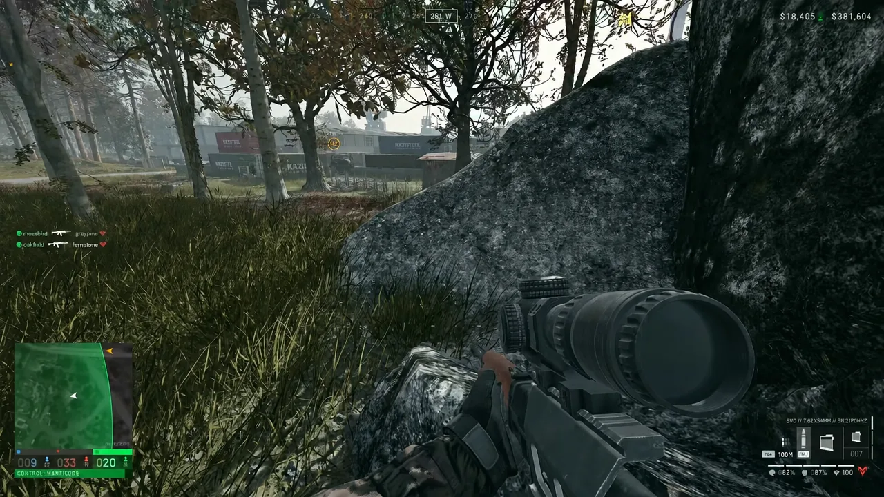 First-person view down an SVD scope from behind cover into a shipping container yard