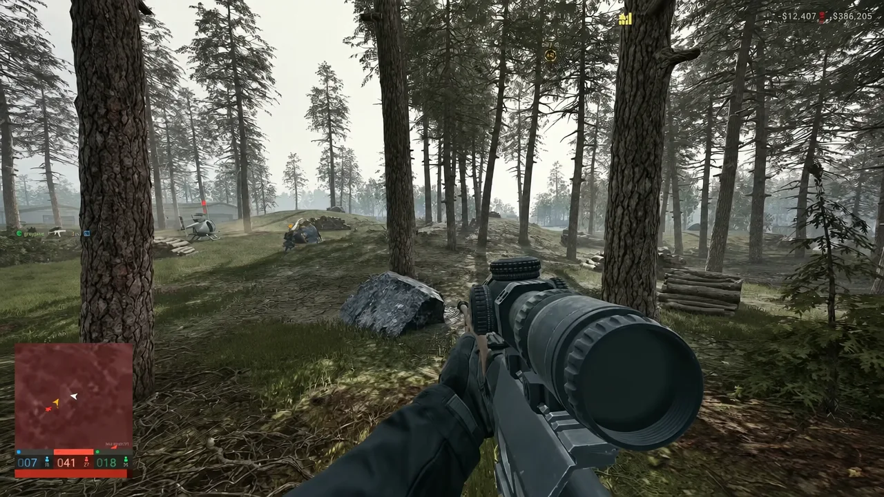Scoped SVD aimed across a wooded stretch of ground toward distant contacts