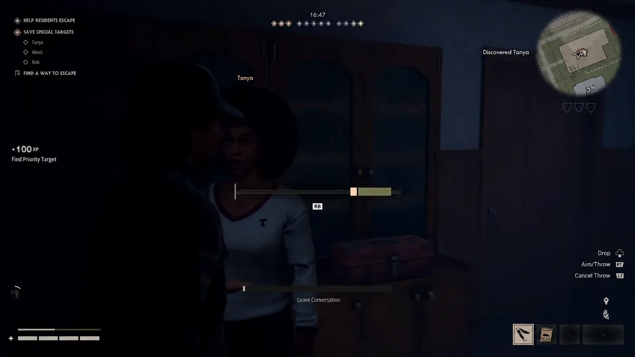 Timed conversation dial and button prompt on screen while convincing Tanya to hide