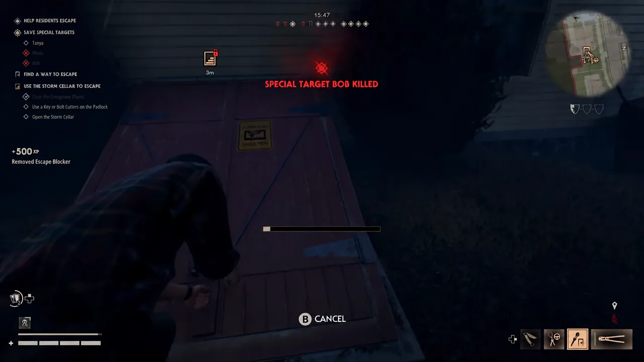 Using a key on the padlocked storm cellar doors to open the escape route
