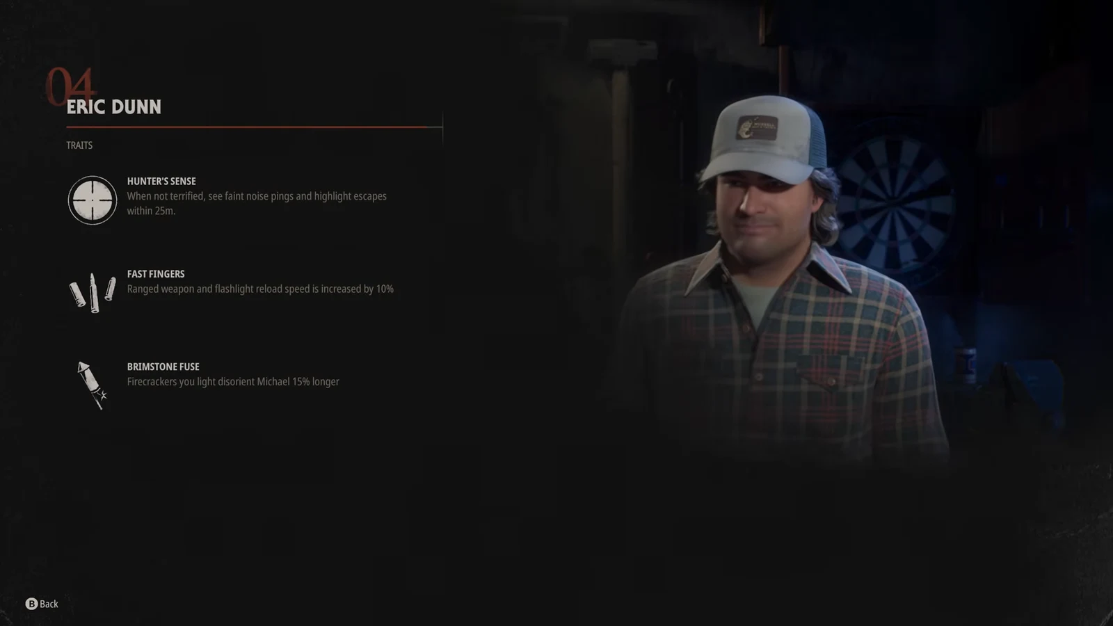 Eric Dunn's trait screen listing Hunter's Sense, Fast Fingers, and Brimstone Fuse