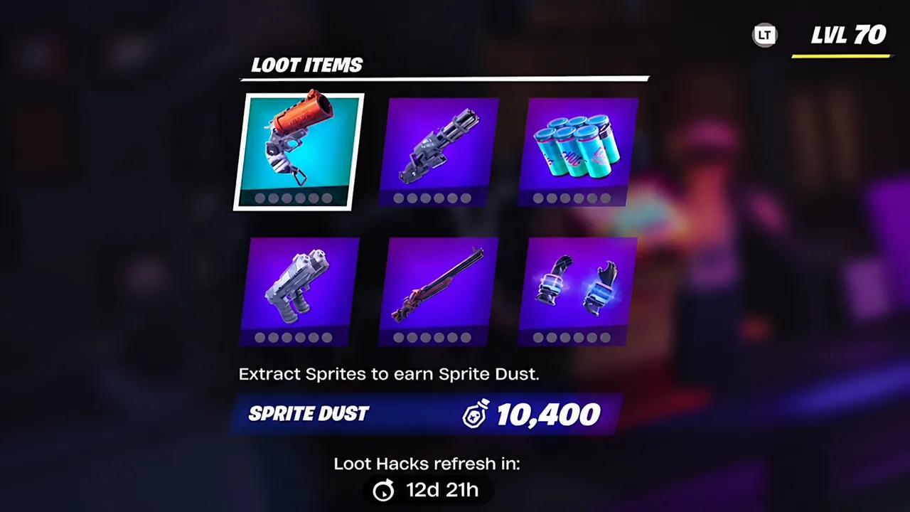 The Loot Items menu with the top-left weapon slot highlighted and the Sprite Dust balance shown above it