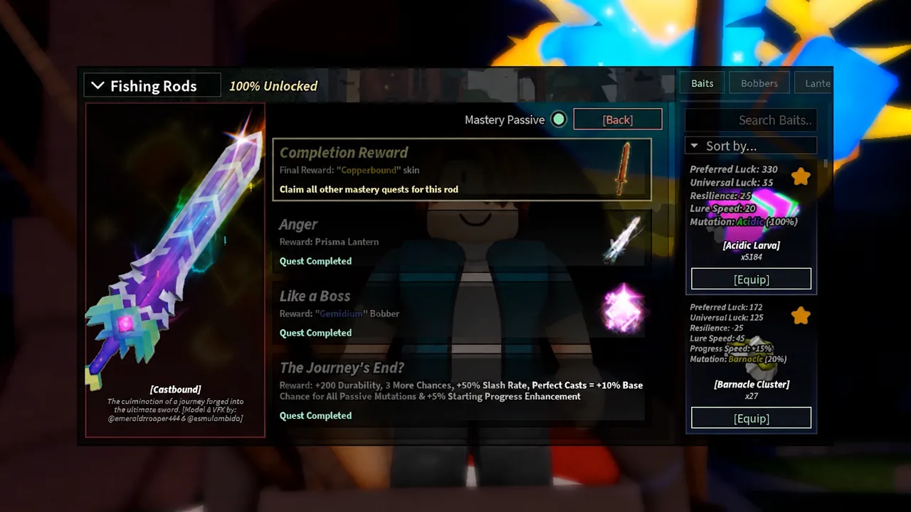 Fishing Rods menu showing CastBound with the Baits tab open and completed mastery quests