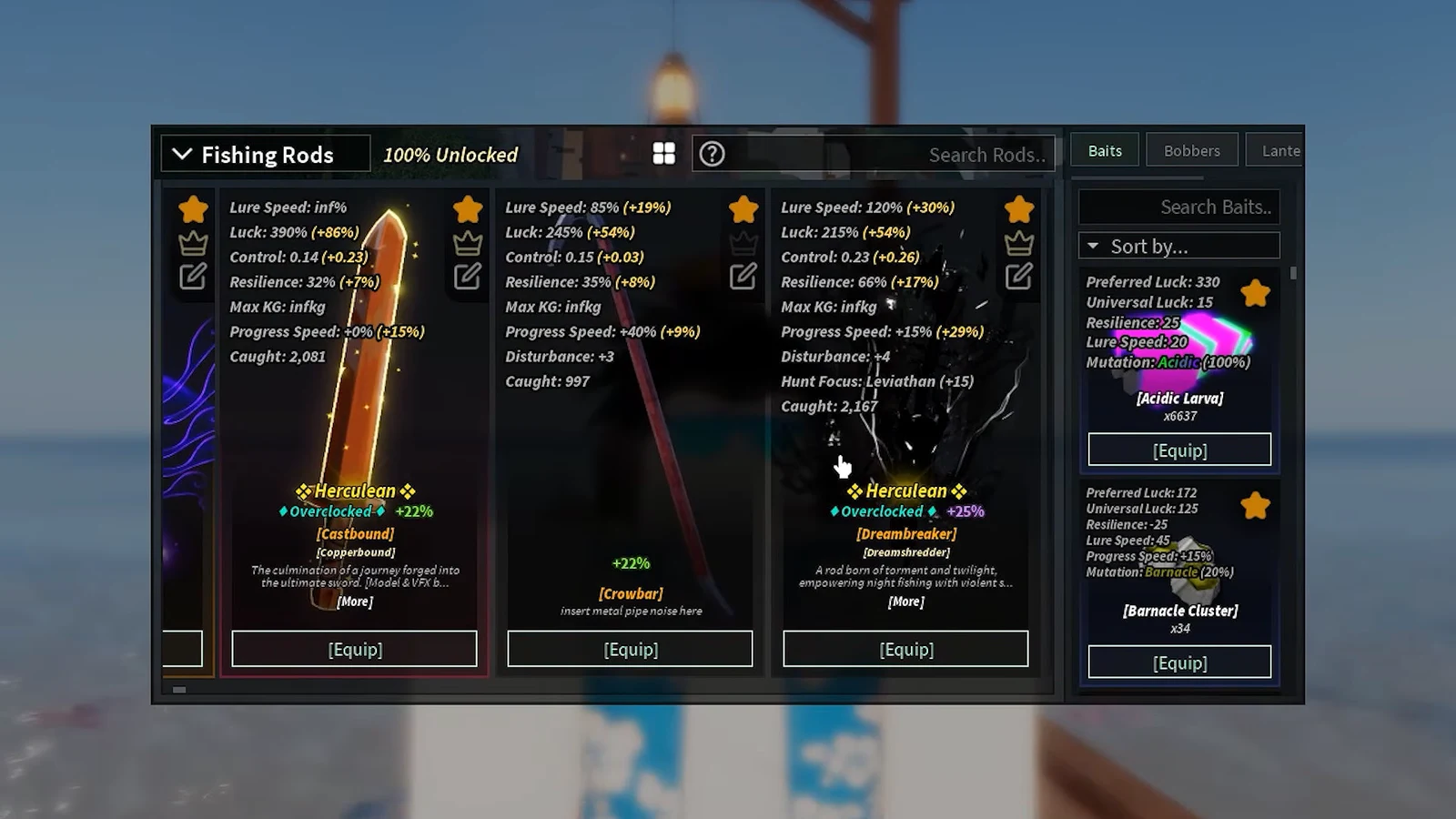 Fishing Rods inventory open on the Baits tab with Acidic Larva selected and an Equip button ready