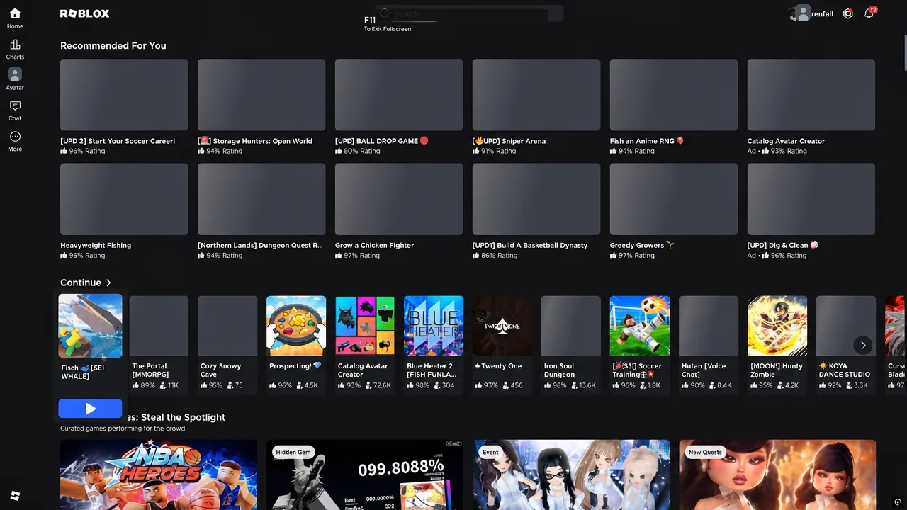 Roblox Home screen with Recommended For You and Continue shelves before joining a public Fisch server