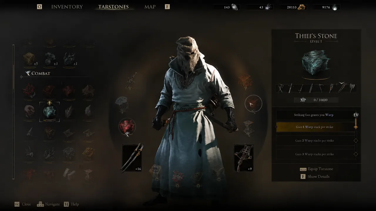 Tarstones menu with Thief's Stone selected, showing its level, XP bar, and Warp stack description