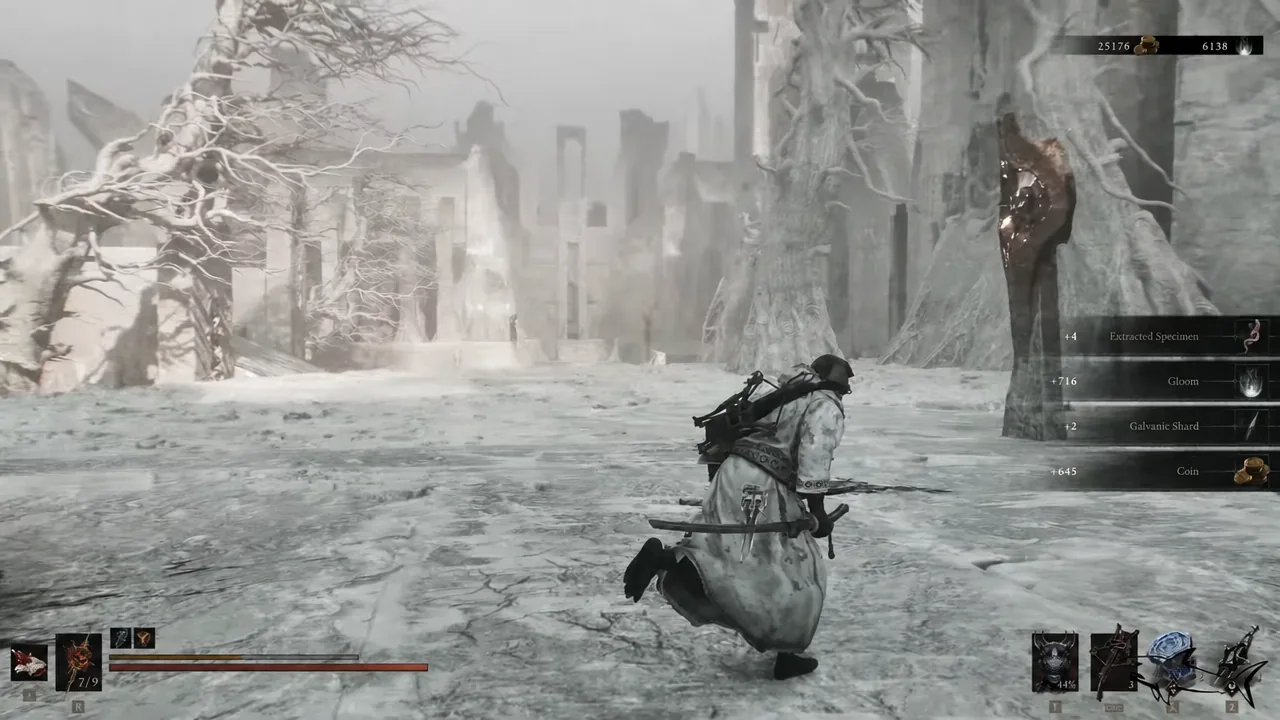 Reward notifications for Gloom, Galvanic Shard, and Coin appearing during a fight in a snowy ruin