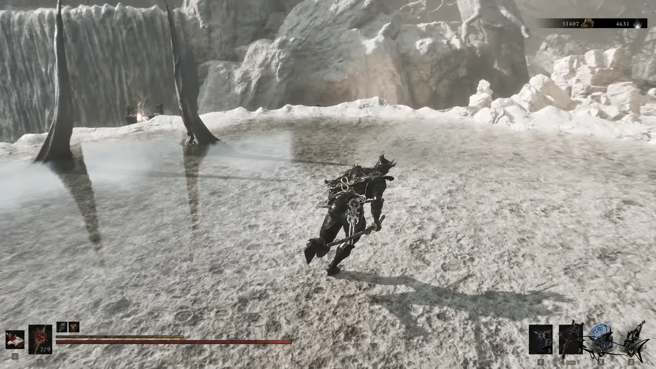Armored character sprinting across a snow-covered open arena toward the trial site