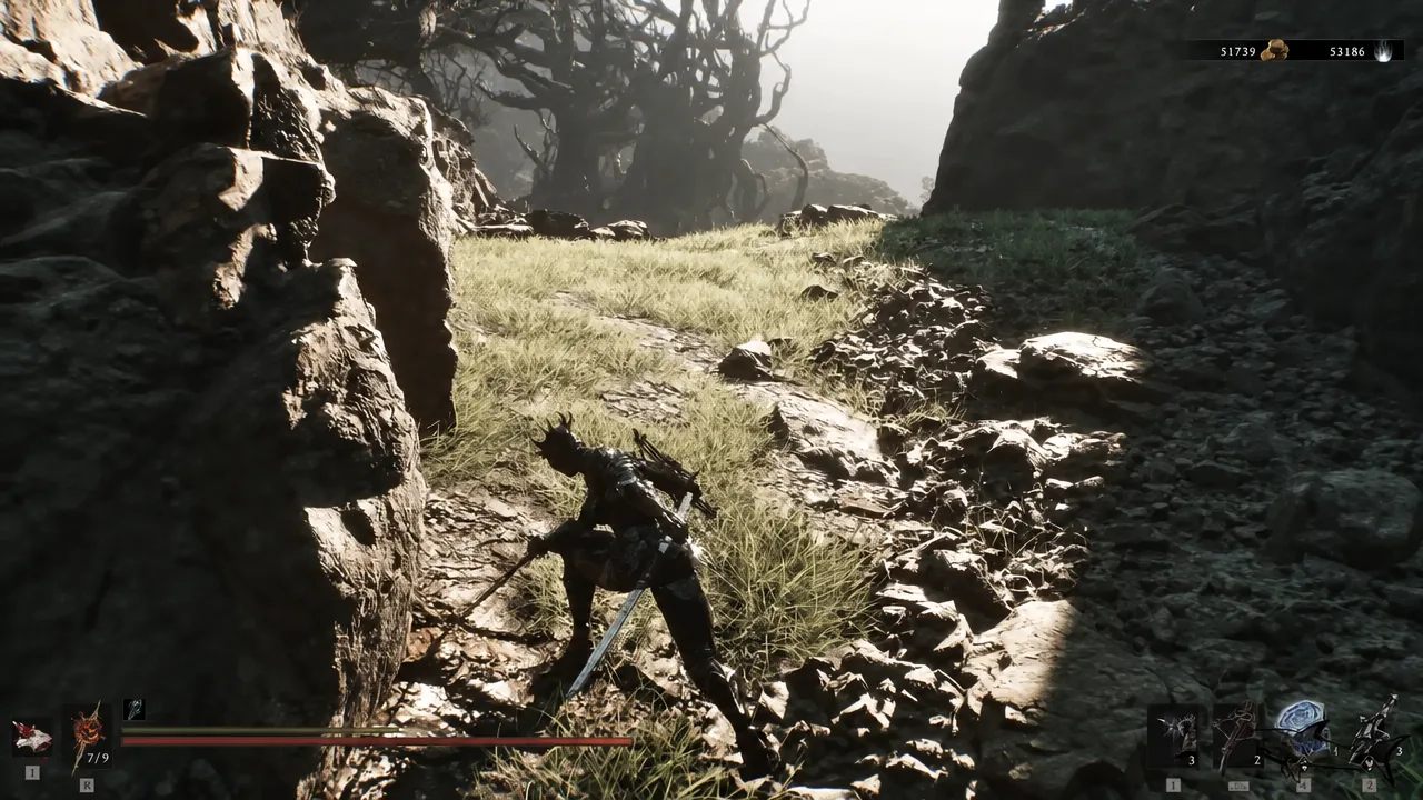 Player character running along a rocky grass path with the combat HUD visible