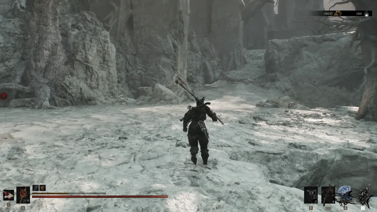 Player running forward through a narrow snow-covered rock passage