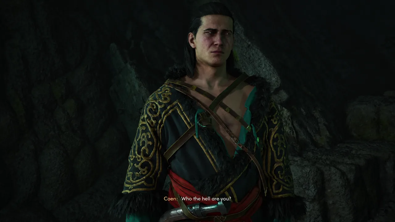 Cutscene subtitle reading Who the hell are you as Coen confronts the stranger at the cave
