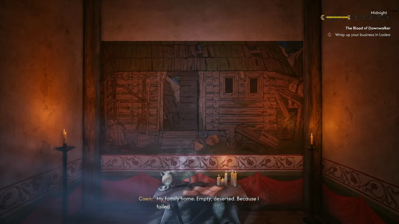 Quest tracker showing the objective to wrap up your business in Laslea during a dialogue scene