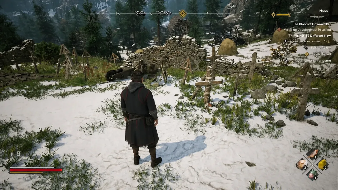 Coen running through snowy Laslea Glen with the quest marker showing 93 metres to the objective