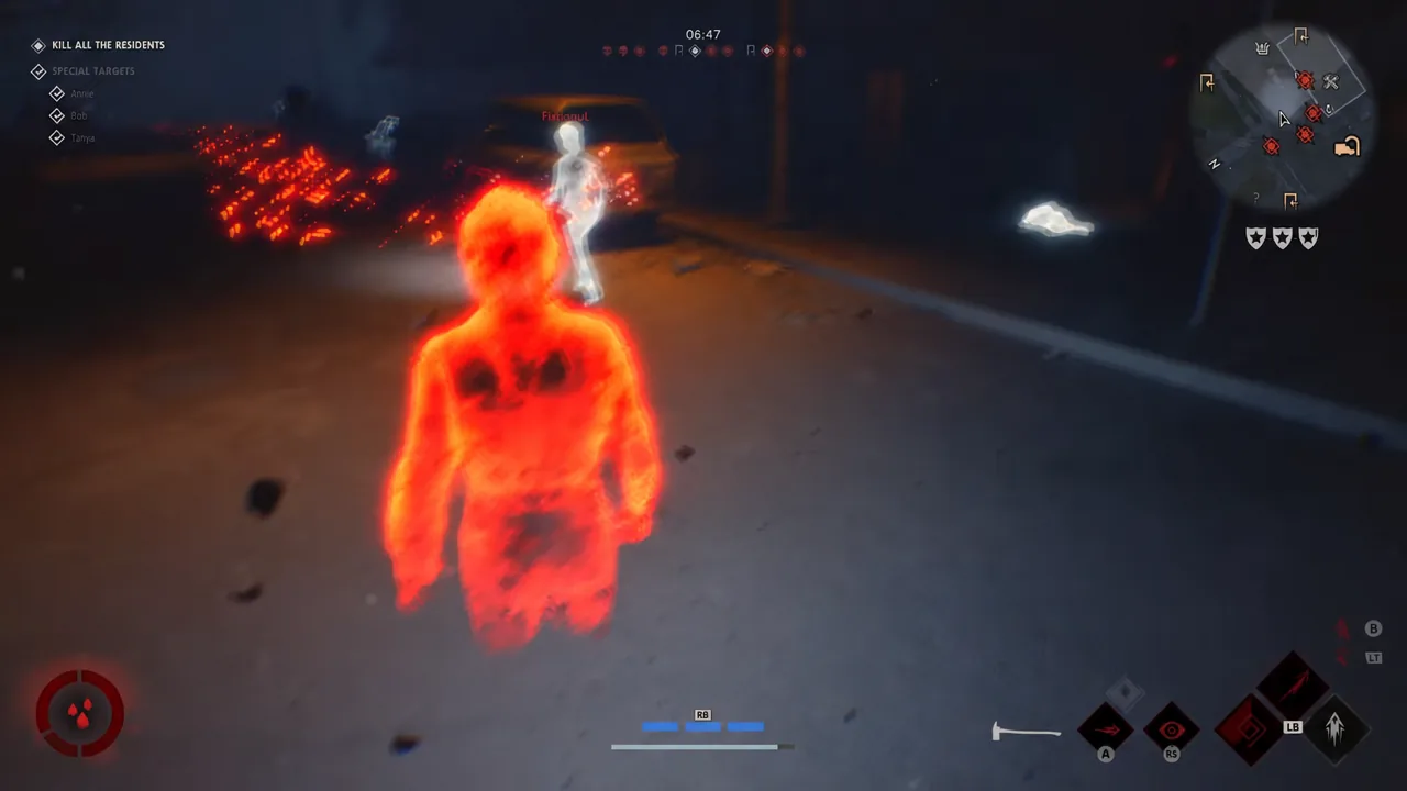 Michael glowing with an evil aura while closing on a highlighted resident during the kill objective