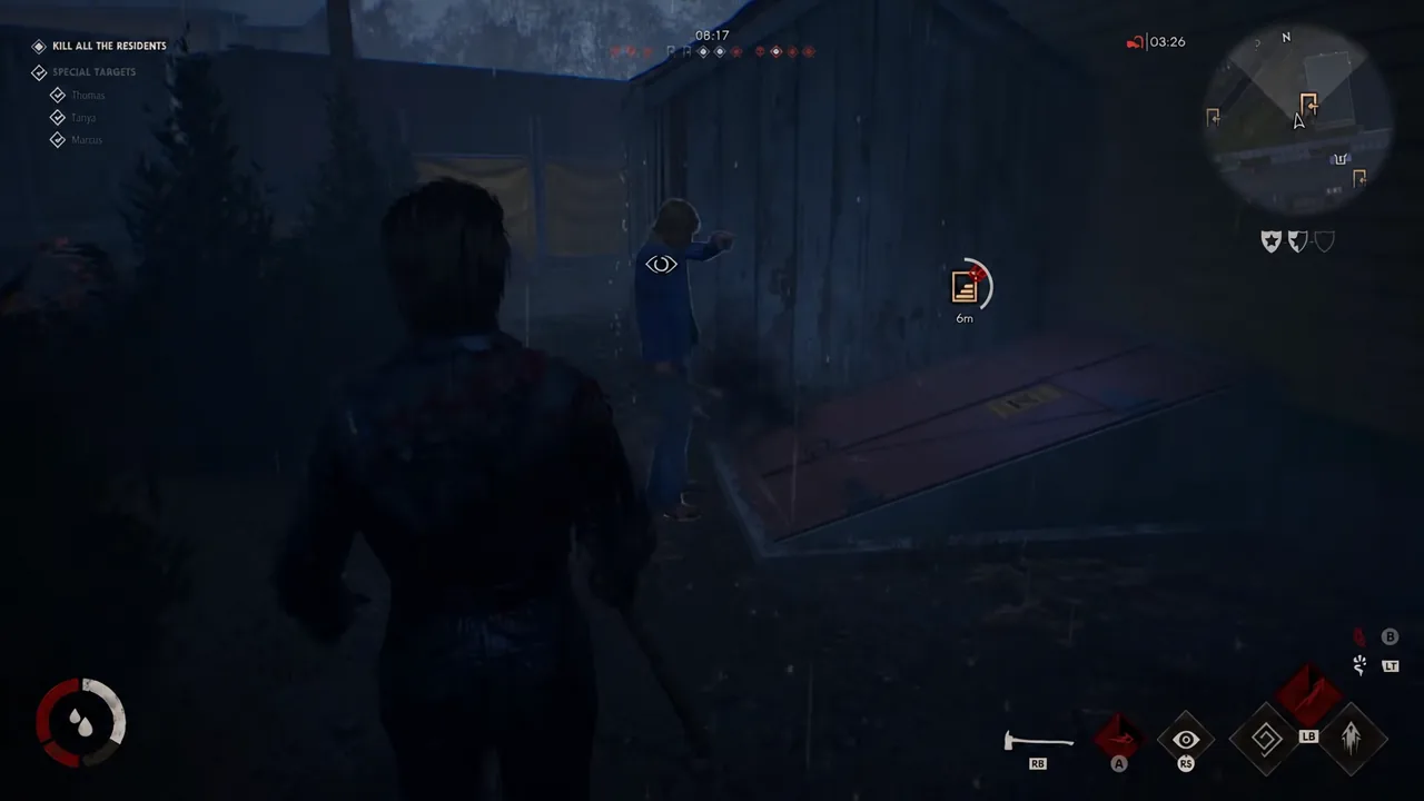 Michael approaching a marked resident with the Kill All the Residents objective displayed