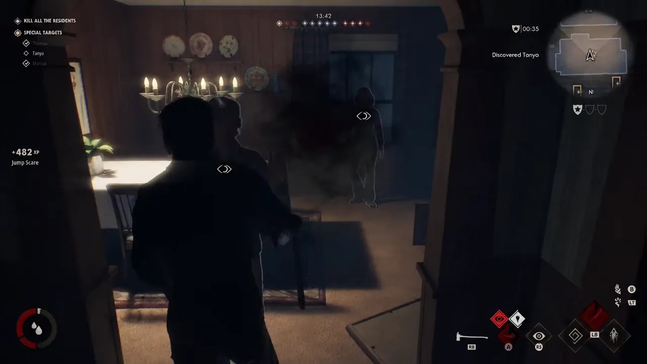 Stealth indicators on the HUD as Tanya is spotted inside a house during a stalk