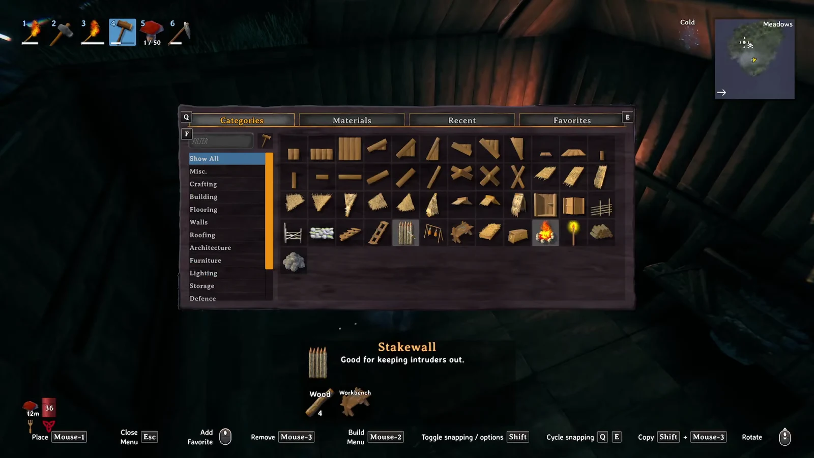Valheim build menu open on a wooden piece, showing its wood and workbench requirements