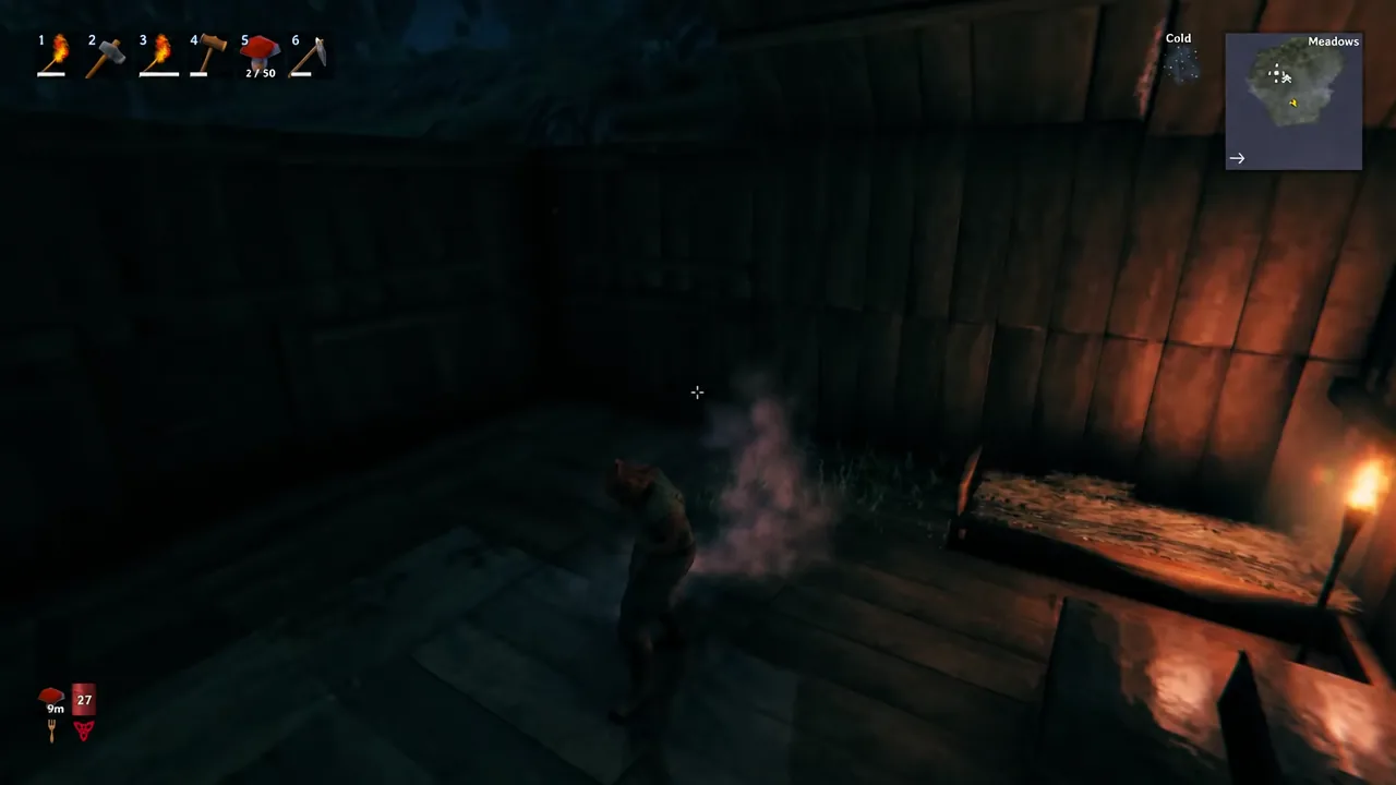 Player standing next to a burning campfire inside a wooden shelter in the Meadows