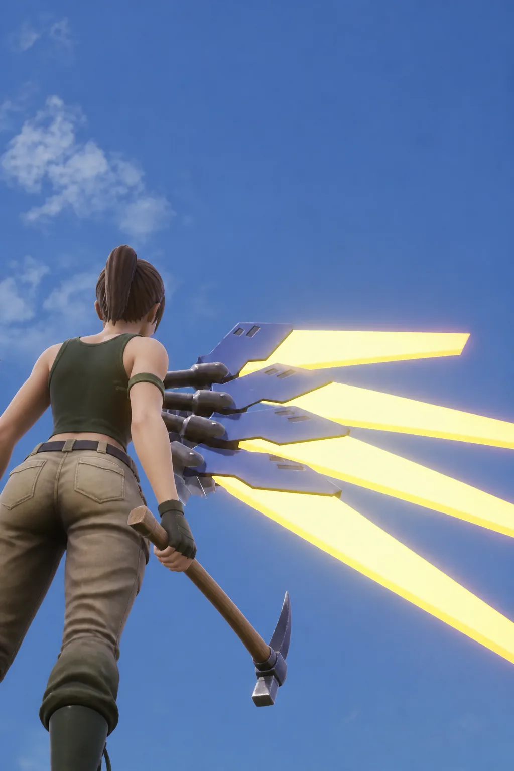 Player character with a pickaxe standing beside a glowing resource node in the base